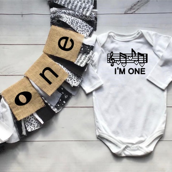 Music Staff & Notes ONE 1st Birthday Shirt w Highchair banner Baby Outfit toddler Outfit for first birthday