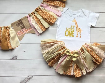 Wild One Golden Pink Giraffe Animal Print Zoo Fabric baby skirt  Birthday Party outfit party 1st birthday Halloween Costume