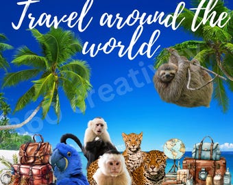 Imágenes prediseñadas de animales tropicales en la playa, tema de viajes (descarga digital)