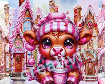 Imágenes prediseñadas de vacas escocesas navideñas, imagen de vacaciones de invierno (descarga digital)