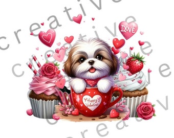 Imágenes prediseñadas de cachorros Shih Tzu, PNG para el Día de San Valentín (Descarga digital)
