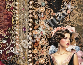 Kit de diario basura con encaje dorado, efímera de papel vintage (descarga digital)