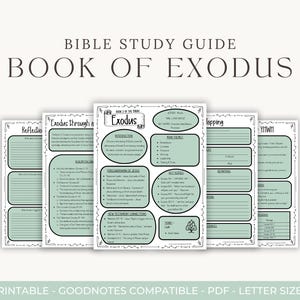 Könnte beinhalten: Ein Bibelstudienführer mit dem Titel "Book of Exodus" mit mehreren Seiten. Die Seiten sind weiß mit grünem und schwarzem Text. Der Text enthält "Introduction", "Key Words" und "Reflection".