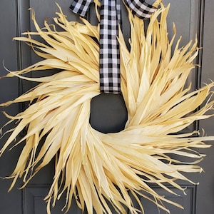 Farmhouse fall corn husk door wreath autumn natural wreath Halloween door decor Thanksgiving door hanger neutral fall rustic wreath 22