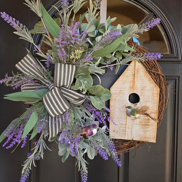 Lavender wreath bird house decor housewarming gift spring door decor farmhouse grapevine wreath summer floral decor wooden birdhouse sign