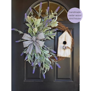 Lavender wreath bird house decor housewarming gift spring door decor farmhouse grapevine wreath summer floral decor wooden birdhouse sign