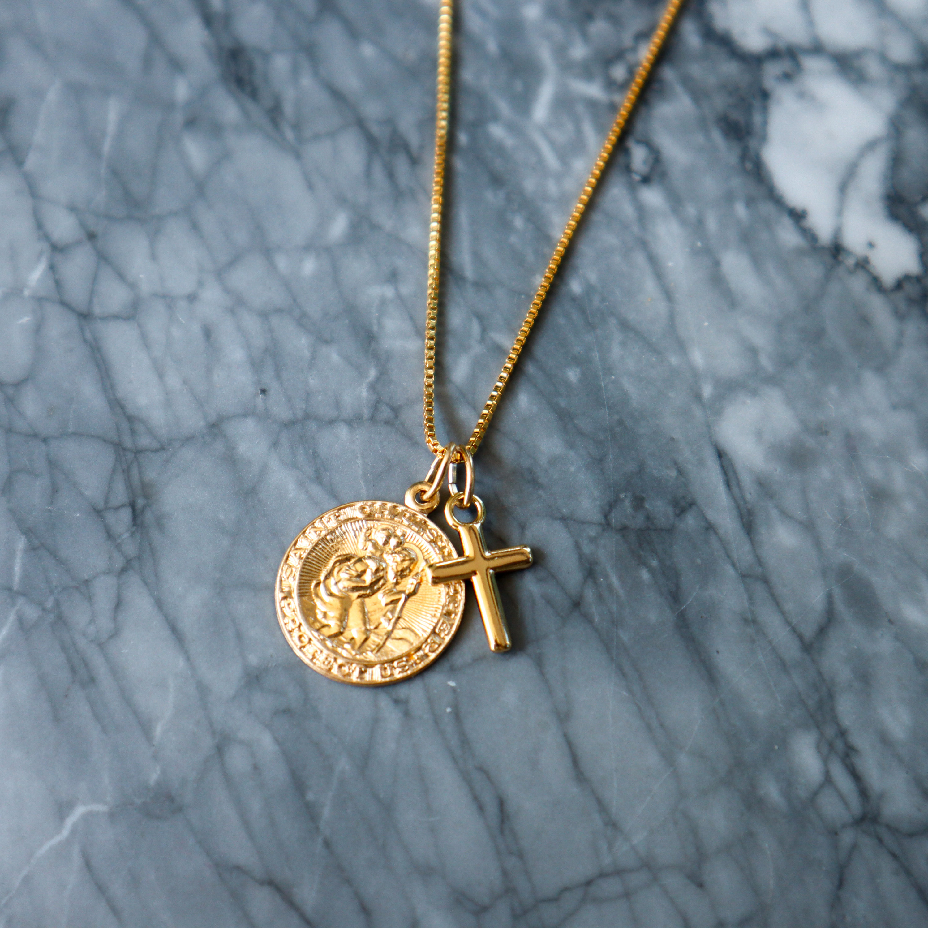 ST CHRISTOPHER & CROSS Gold Filled Necklace