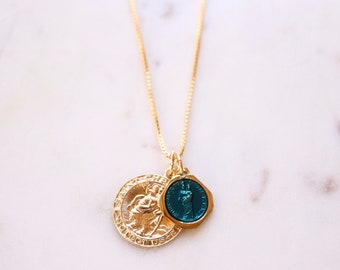 ST CHRISTOPHER & ANNE | Vintage Blue Enamel Gold Filled Necklace