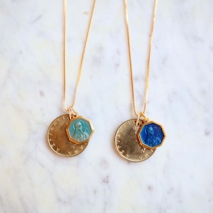 ITALY | Vintage Coin & Saint Therese of Lisieux (Aqua Blue Enamel) Necklace