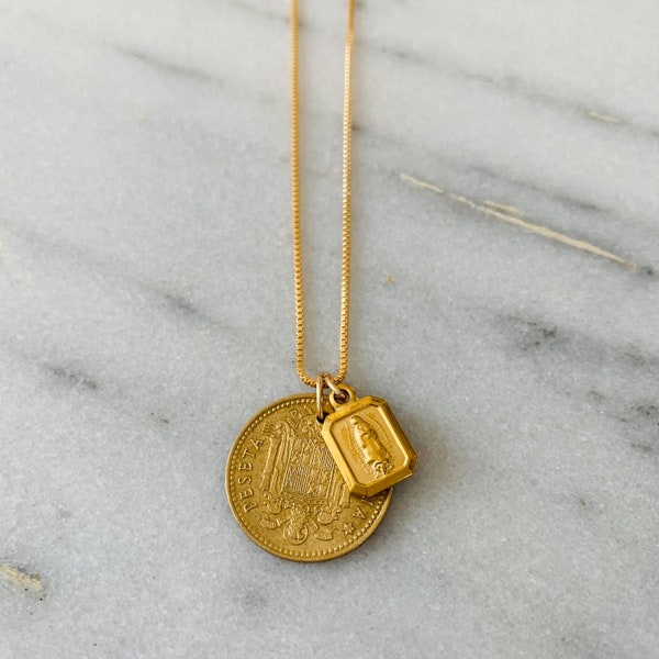 SPAIN | Vintage Coin & Mary Necklace