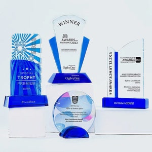 Custom Engraved Crystal Glass Trophy, Blue Bespoke Award, Corporate, Graduation, Retirement, Long Service, Partner, Team Event Gift, T48