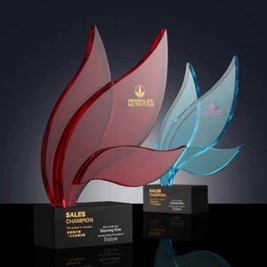 Leaf Crystal Trophy Award, Recognition Plaque, Best Employee, Retirement, Appreciation Gift, Long Service, Achievement, Red, Blue, T40