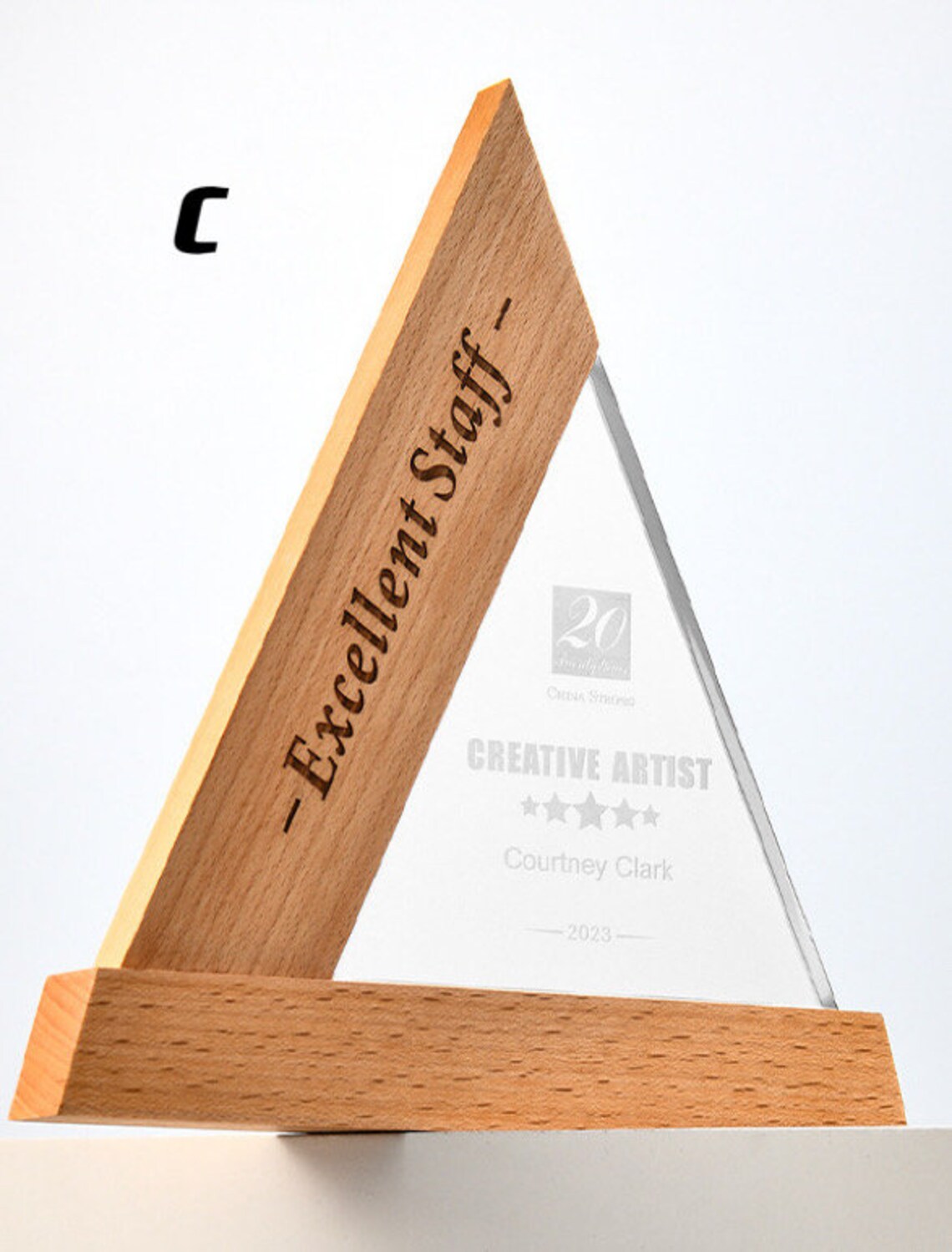 Triangle Shaped Custom Engraved Crystal Wood Trophy, Bespoke Award ...