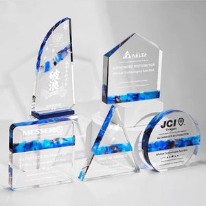 Custom Engraved Crystal Glass Trophy, Blue Bespoke Award, Corporate, Graduation, Retirement, Long Service, Partner, Team Event Gift, T70