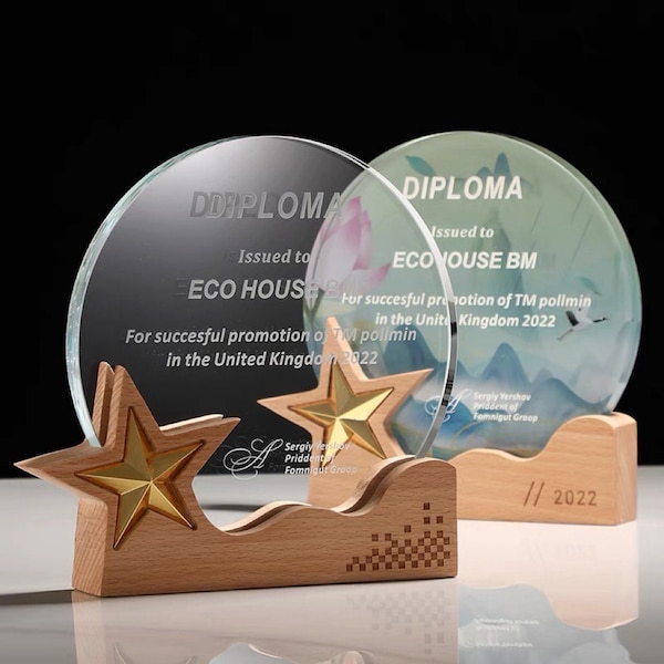 Personalized Trophy Award, Engraved Wood and Crystal Trophy, Customize Corporate Trophy Award, Custom Recognition Plaque, Star, T15