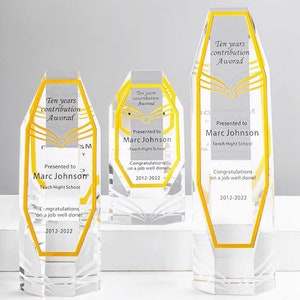 Custom Engraved Crystal Glass Trophy, Bespoke Award, Corporate, Graduation, Retirement, Long Service, Team Event Gift, Gold, T45