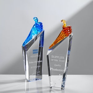 Personalized Trophy Award, Engraved Crystal Trophy, Corporate Trophy Award, Recognition Plaque, Team Award, Thumbs-Up Design, T76