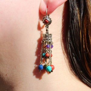 baroque earrings blue gem pearls Indian chandelier earrings ornate brass chandelier with 3 small blue cabochons Bohemian