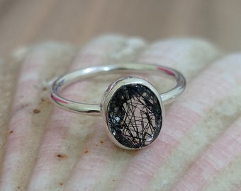 Black Rutile Ring 925 Sterling Silver Ring Twist Band Ring Natural Black Rutile Gemstone Ring Emerald Cut Ring Silver Designer Rings