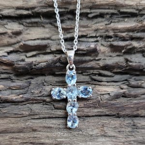 Aquamarine Cross Pendant, 925 Sterling Silver, Handmade Pendant, Natural Aquamarine Stone, Birthstone March, Baptism Gift, Confirmation Gift