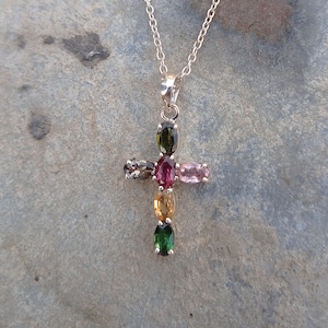 Tourmaline Cross Pendant, Sterling Silver, Handmade Pendant, Gift for All, Baptism Gift, Confirmation Gift, Natural Tourmaline Stone Pendant