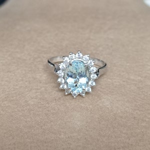 アクアマリン クラスター リング、925 スターリング シルバー、ハンドメイド リング、天然アクアマリン ストーン、ダイアナ妃スタイル、誕生石 3 月、