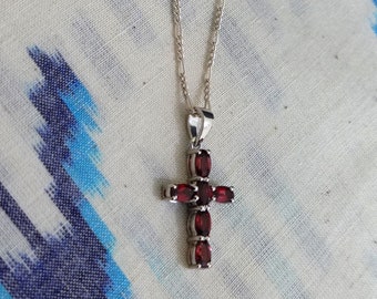 Garnet Cross Pendant, Sterling Silver, Handmade Birthstone Pendant, Natural Garnet, Gift for Confirmation, Gift for all, Garnet Necklace..