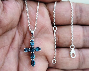 London Blue Topaz Cross Pendant, Sterling Silver, Handmade Pendant, Birthstone Pendant, December Birthstone, Confirmation Gift, Baptism Gift