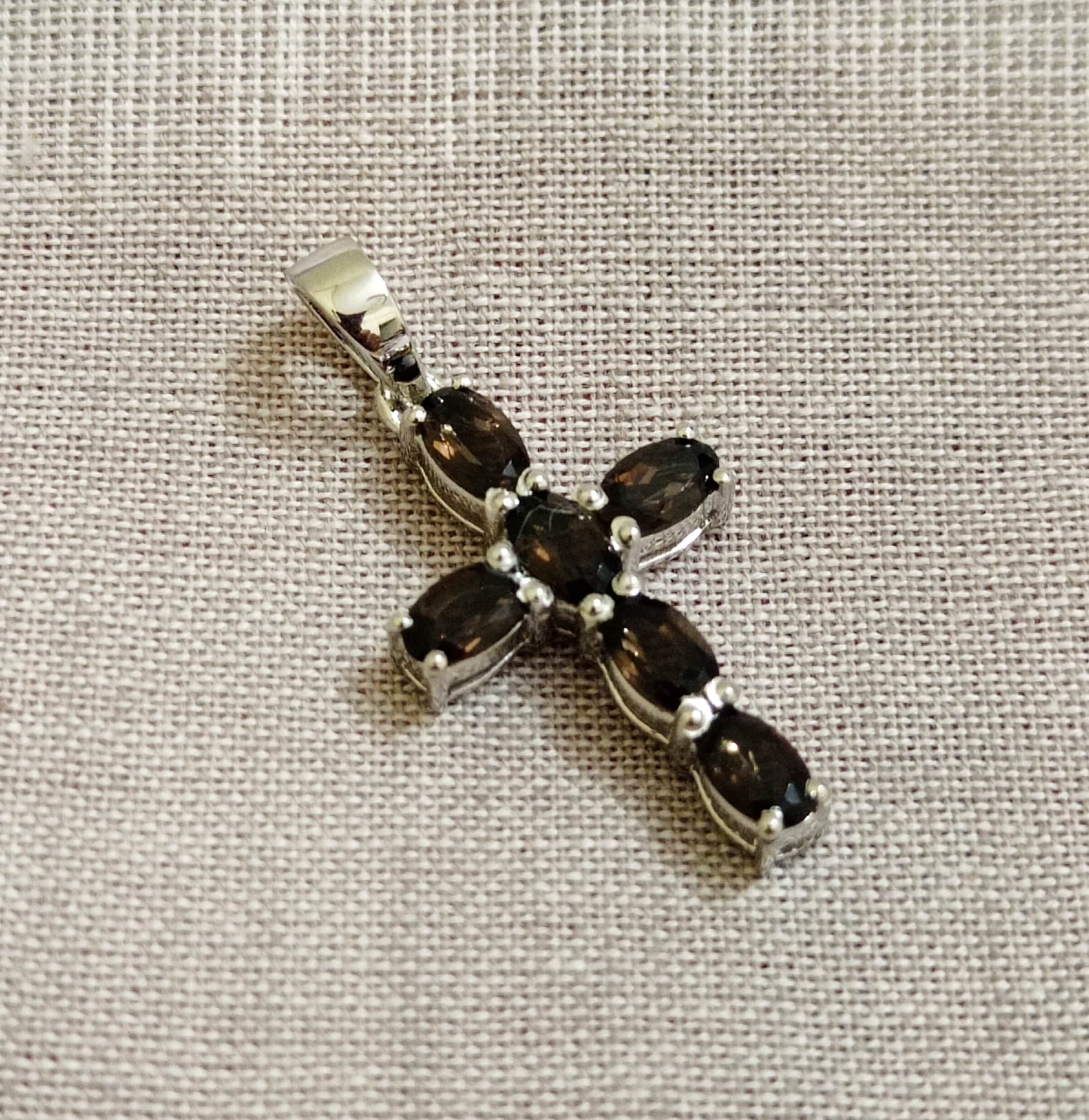 Smoky Quartz Cross Pendant, Sterling Silver, Natural Stone, Handmade Pendant, Birthstone Pendant, Gift for All, Gift for Confirmation.