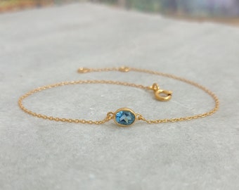 Blue Topaz Bracelet, Gold Plated 925 Sterling Silver, Handmade Adjustable Bracelet, Birthstone for December, Gift for Her, For young Girls..