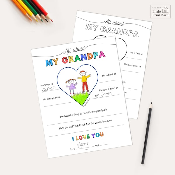 Fathers Day Gifts for Grandpa, All About My Grandpa Printable, Fill In The Blank, Birthday card grandpa, DIY with kids, Grandfather Birthday