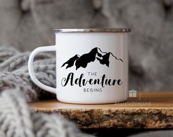 Enamel Custom Wedding Mug, Personalized Couple Outdoor Mug, Adventure Begins, Custom Camping Mug, His & Her Wedding Gift, Engagement Gift