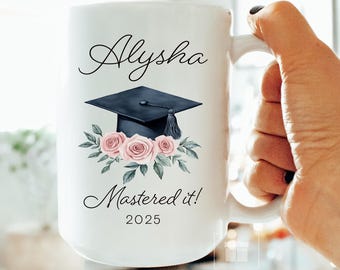 Custom Grad Cap Floral Mug: Personalized Masters Graduate Gift for Graduation