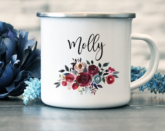 Custom Enamel Bridesmaid Mug, Personalized Bridal Mugs, Custom Mug, Camping Mug, Bridal Party, Bachelorette Gift, Merlot Teal Floral Bouquet