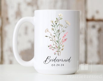 Bridesmaid Gift Mug Pretty Cottagecore Wedding Gift for Bridal Party Soft Wildflower Maid of Honor Mother of Groom Wedding Party Gifts