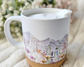 Mountain Travel Mug Wildflowers Mug Gift for Mom Pretty Gift Friend Watercolor Wild Flowers Floral On-the-Go Ceramic Mug Cork Mother'Day Mug