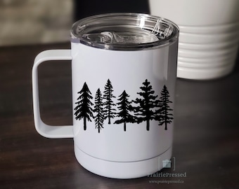 Camping Mug with Lid, Travel Mug with Handle, Forest Travel Mug, Personalized Camping Mug, Custom Travel Mug, Camping Mug with Trees