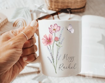 Teacher Mug, Custom Teacher Appreciation Gift, Teaching Assistant, Pretty Flowers, School Year End Gift, Wildflowers Personalized Floral Mug