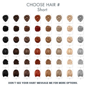 Op de afbeelding: Een raster van 48 korte kapselopties in verschillende kleuren, van zwart tot blond en grijs. De tekst "CHOOSE HAIR # Short" staat bovenaan. De tekst "DON'T SEE YOUR HAIR? MESSAGE ME FOR MORE OPTIONS" staat onderaan.