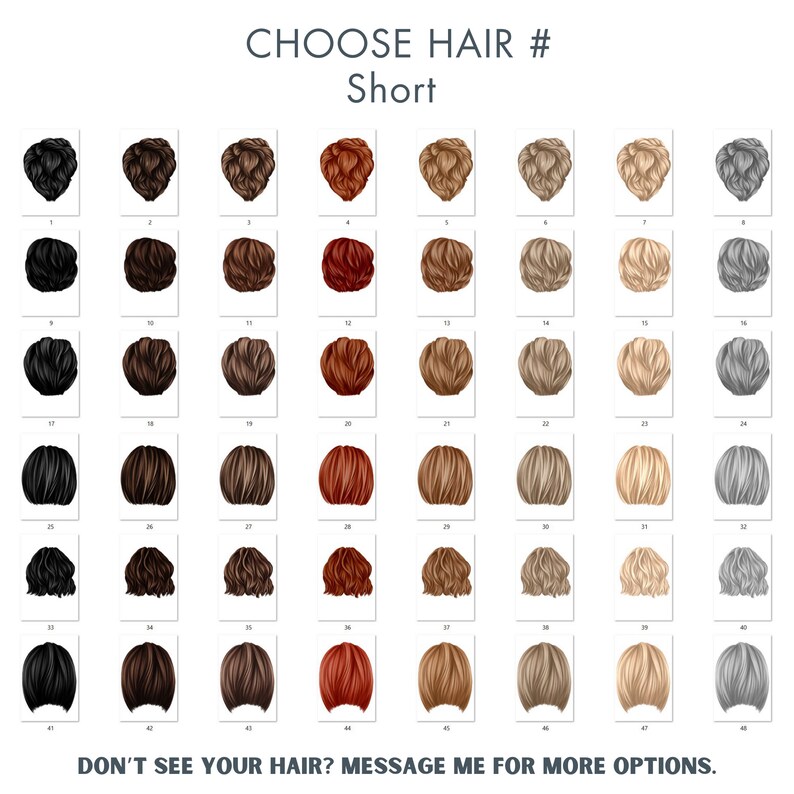 Op de afbeelding: Een raster van 48 korte kapselopties in verschillende kleuren, van zwart tot blond en grijs. De tekst "CHOOSE HAIR # Short" staat bovenaan. De tekst "DON'T SEE YOUR HAIR? MESSAGE ME FOR MORE OPTIONS" staat onderaan.