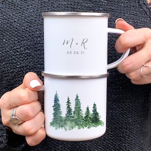 Custom Enamel Camping Mug, Trees, Personalized Enamel Cups, Personalized Mug, Custom Camping Mug, Wedding, Bachelorette, Anniversary Mug