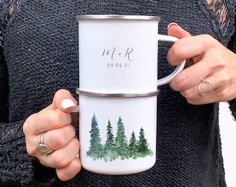 Custom Enamel Camping Mug, Trees, Personalized Enamel Cups, Personalized Mug, Custom Camping Mug, Wedding, Bachelorette, Anniversary Mug