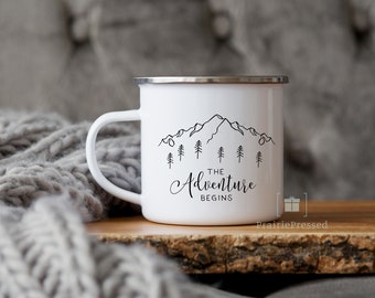 Enamel Custom Wedding Mug, Personalized Couple Outdoor Mug, Adventure Begins, Custom Camping Mug, His & Her Wedding Gift, Engagement Gift