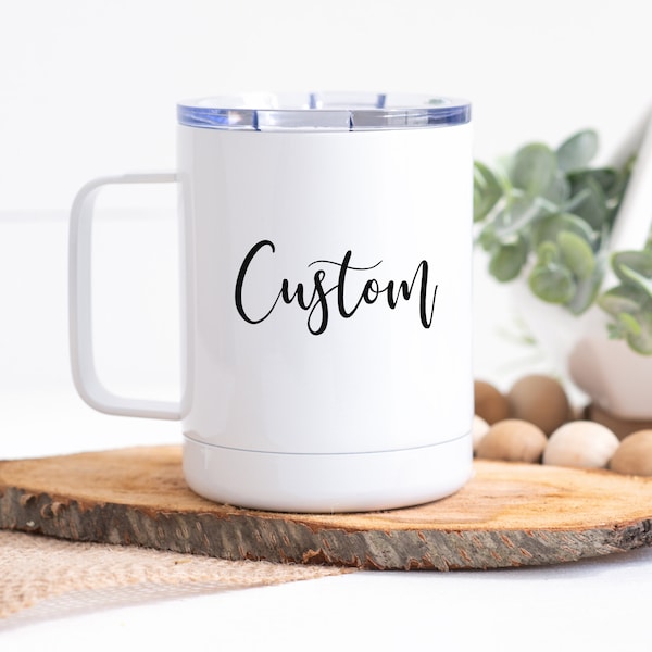 Custom Text Camping Mug with Lid, Travel Mug with Handle, Custom Travel Mug, Personalized Camping Mug, Logo Travel Mug, Your Design Here