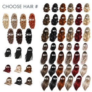 Op de afbeelding: Een overzicht met verschillende haarstijlen en kleuren, gelabeld met nummers en letters. De tekst "CHOOSE HAIR #" staat bovenaan. De haarkleuren vari&euml;ren van blond tot zwart, met stijlen als vlechten, golven en opsteekkapsels.