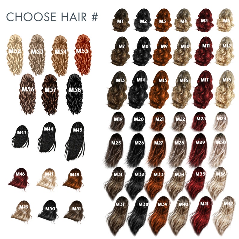 Op de afbeelding: Een overzicht met verschillende haarstijlen en kleuren, gelabeld met nummers en letters. De tekst "CHOOSE HAIR #" staat bovenaan. De haarkleuren vari&euml;ren van blond tot zwart, met stijlen als vlechten, golven en opsteekkapsels.