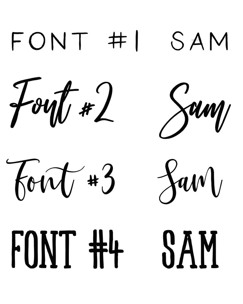 K&ouml;nnte beinhalten: Vier verschiedene Schriftstile f&uuml;r den Namen "Sam" werden in schwarzer Schrift auf wei&szlig;em Hintergrund angezeigt. Die Schriftarten sind mit "FONT #1", "Font #2", "font #3" und "FONT #4" gekennzeichnet.