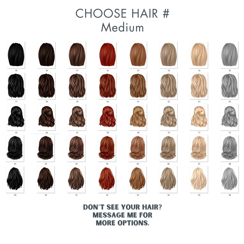 Op de afbeelding: Een raster met opties voor middellange haarstijlen en -kleuren. De afbeelding toont verschillende tinten bruin, rood, blond en grijs haar. Bovenin staat de tekst "CHOOSE HAIR # Medium" en onderin "DON'T SEE YOUR HAIR? MESSAGE ME FOR MORE OPTIONS."
