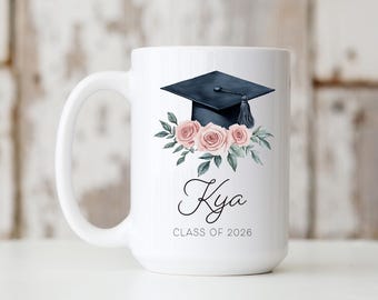 Graduation Mug Class of 2026 Gift University, High School, College, Custom Keepsake Gift for Graduate Grad Cap Pink Florals
