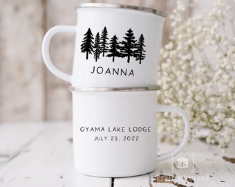 Bridesmaid Gifts, Personalized Enamel Bridesmaid Mug, Personalized Mug, Custom Camping Mug, Wedding Mug, Bachelorette Party Mug, Trees